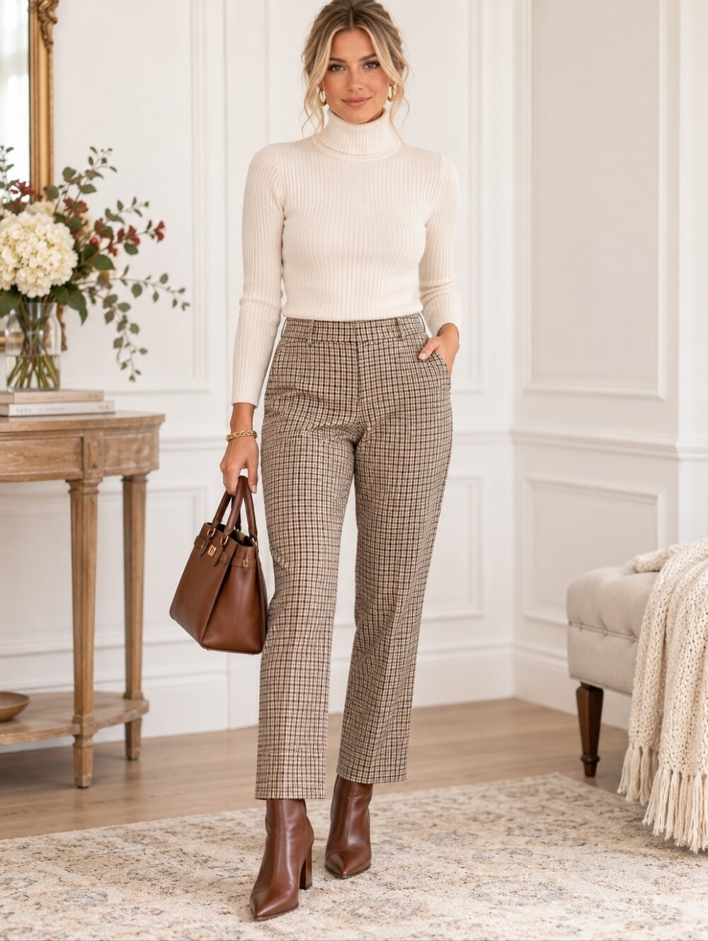 LOFT Plaid Ankle Pants Size 10 Brown Tan Check Trousers